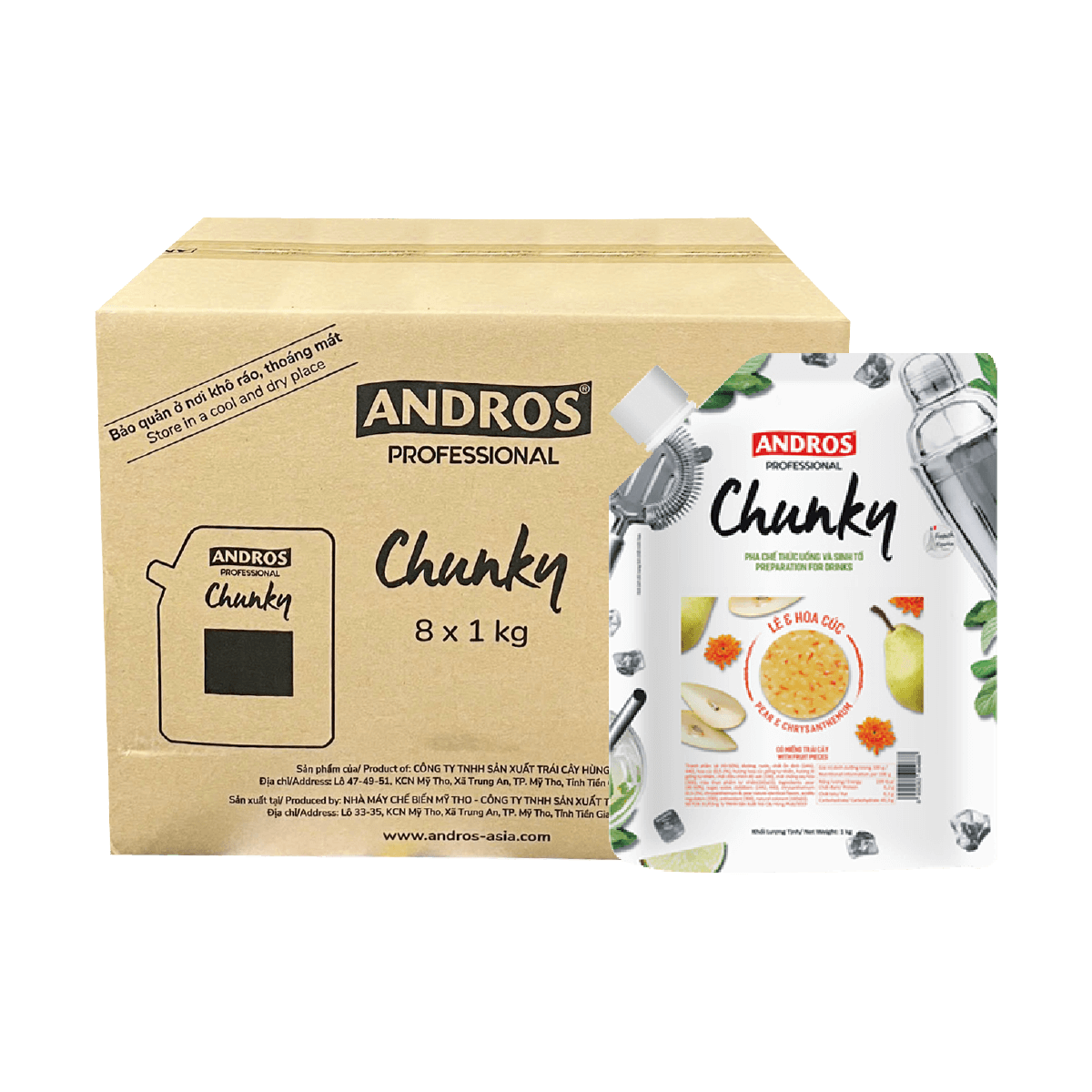 [Thùng] Mứt Andros Chunky Lê, Hoa Cúc Túi 1kg x 8 Gói