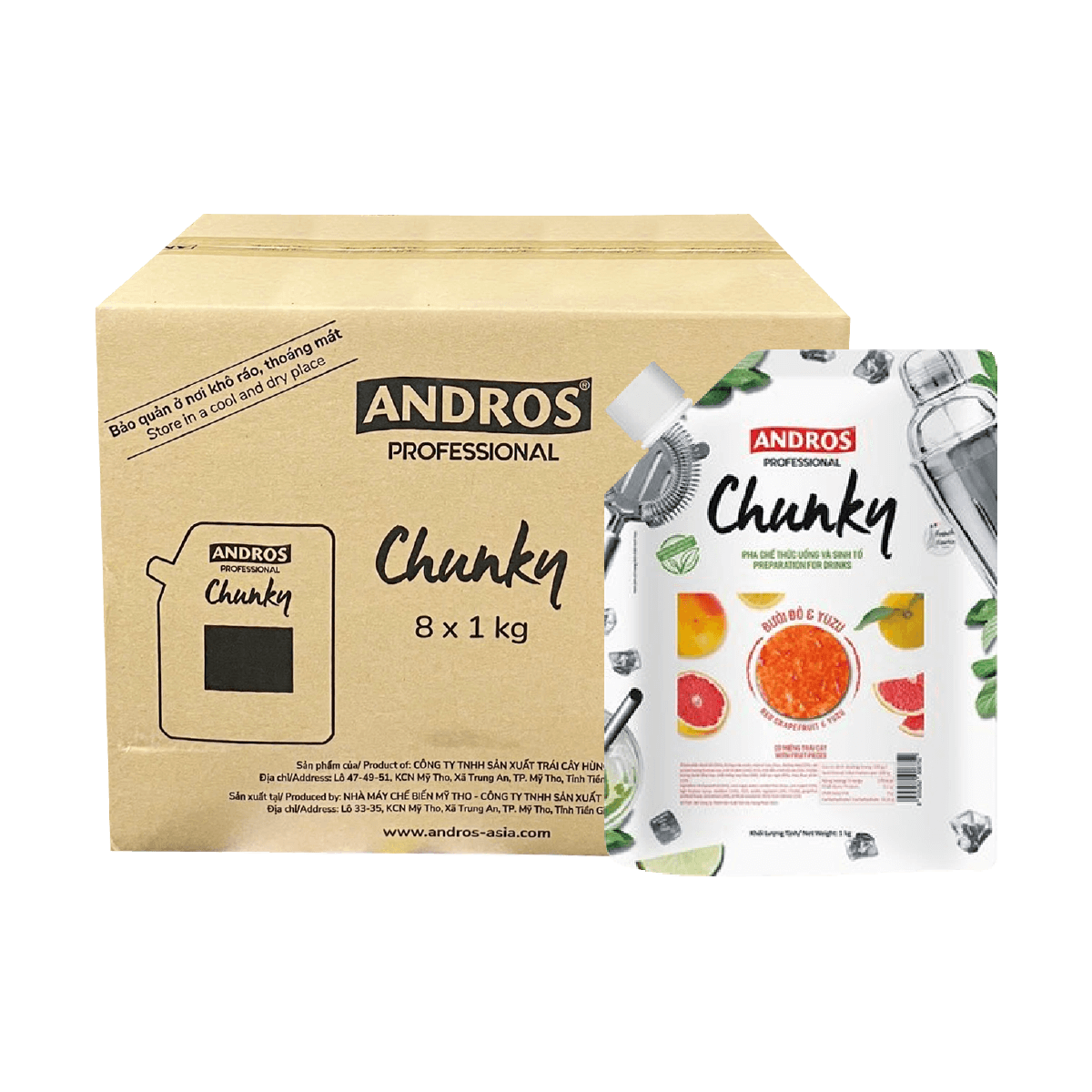 [Thùng] Mứt Andros Chunky Bưởi Đỏ Yuzu Túi 1kg x 8 Gói