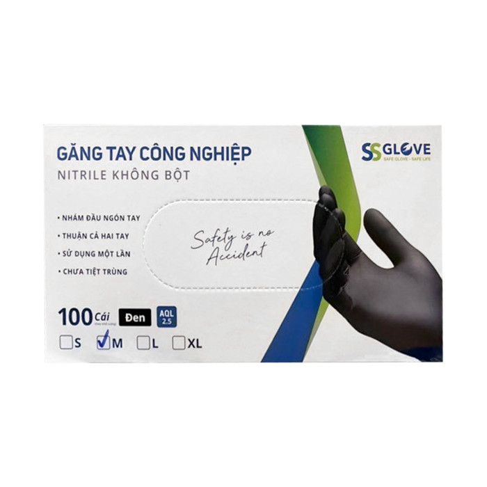 Găng Tay Công Nghiệp Không Bột Màu Đen SSG Nitrile Size M (100 Cái/ Hộp)