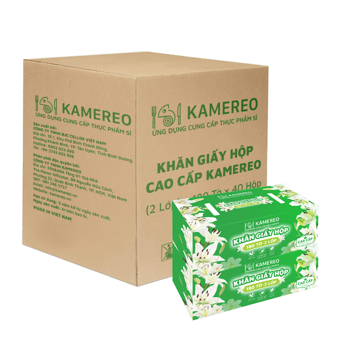 [Thùng] Khăn Giấy Hộp Cao Cấp Kamereo (2 Lớp) 180 Tờ x 40 Hộp