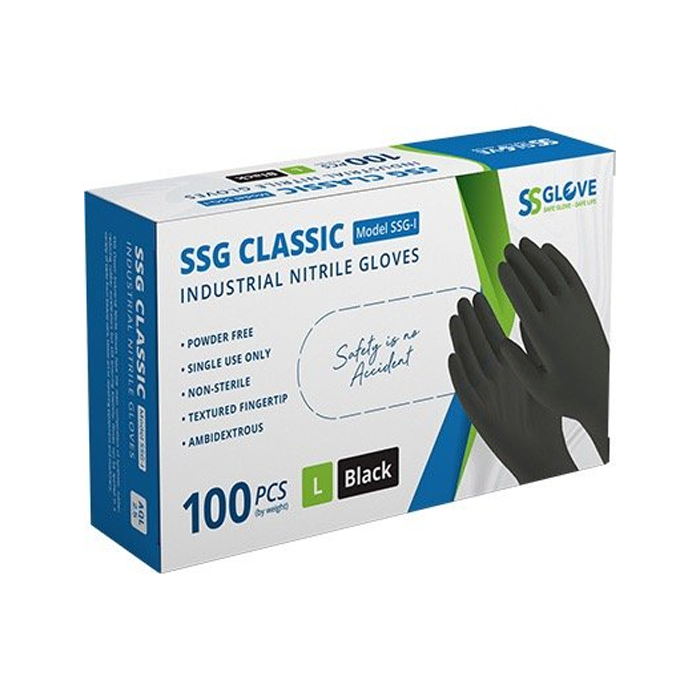 Găng Tay Công Nghiệp Không Bột Màu Đen SSG Nitrile Size L (100 Cái/ Hộp)