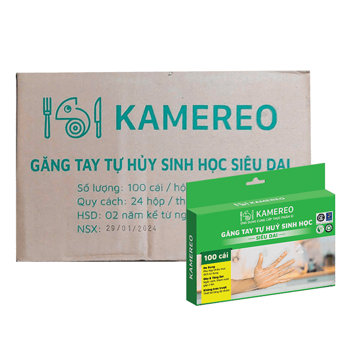[Thùng] Găng Tay Tự Hủy Sinh Học Kamereo Size L Siêu Dai (100 Cái/ Hộp) x 100 Hộp