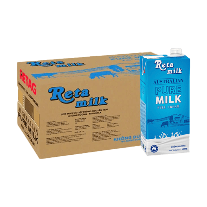 [Thùng] Sữa Tươi Tiệt Trùng Nguyên Chất Không Đường Reta Milk 1L x 12 Hộp