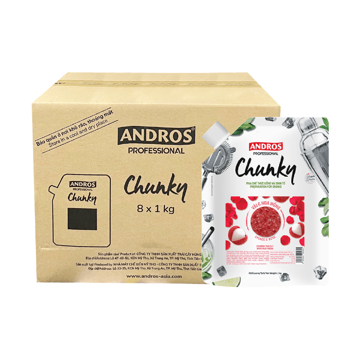 [Thùng] Mứt Andros Chunky Vải Hoa Hồng Túi 1kg x 8 Gói
