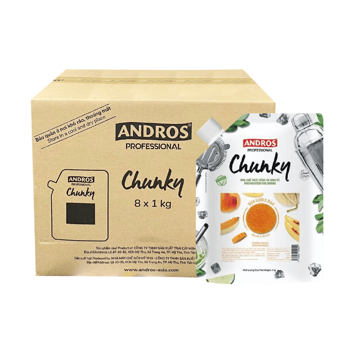 [Thùng] Mứt Andros Chunky Dưa Lưới Và Đào Túi 1kg x 8 Gói
